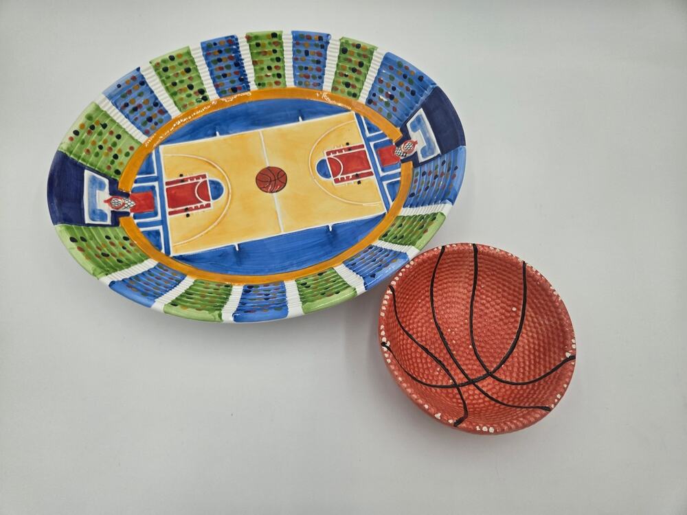 1997 Cooks Club Basketball Court Ceramic Serving Tray Dip Bowl Set